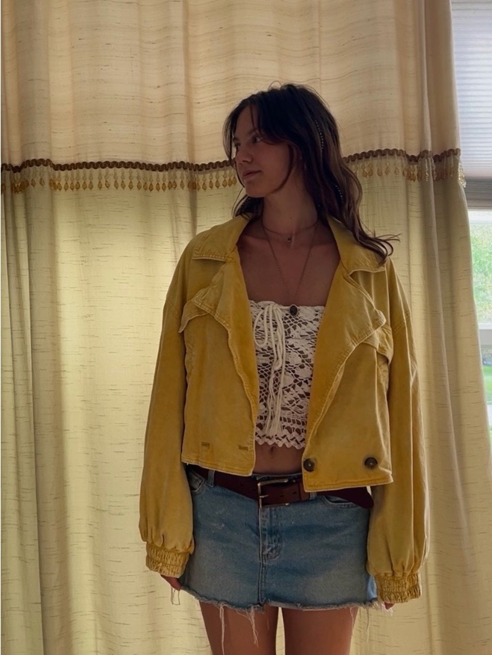 Free People Yellow Suede-Look Cropped Jacket